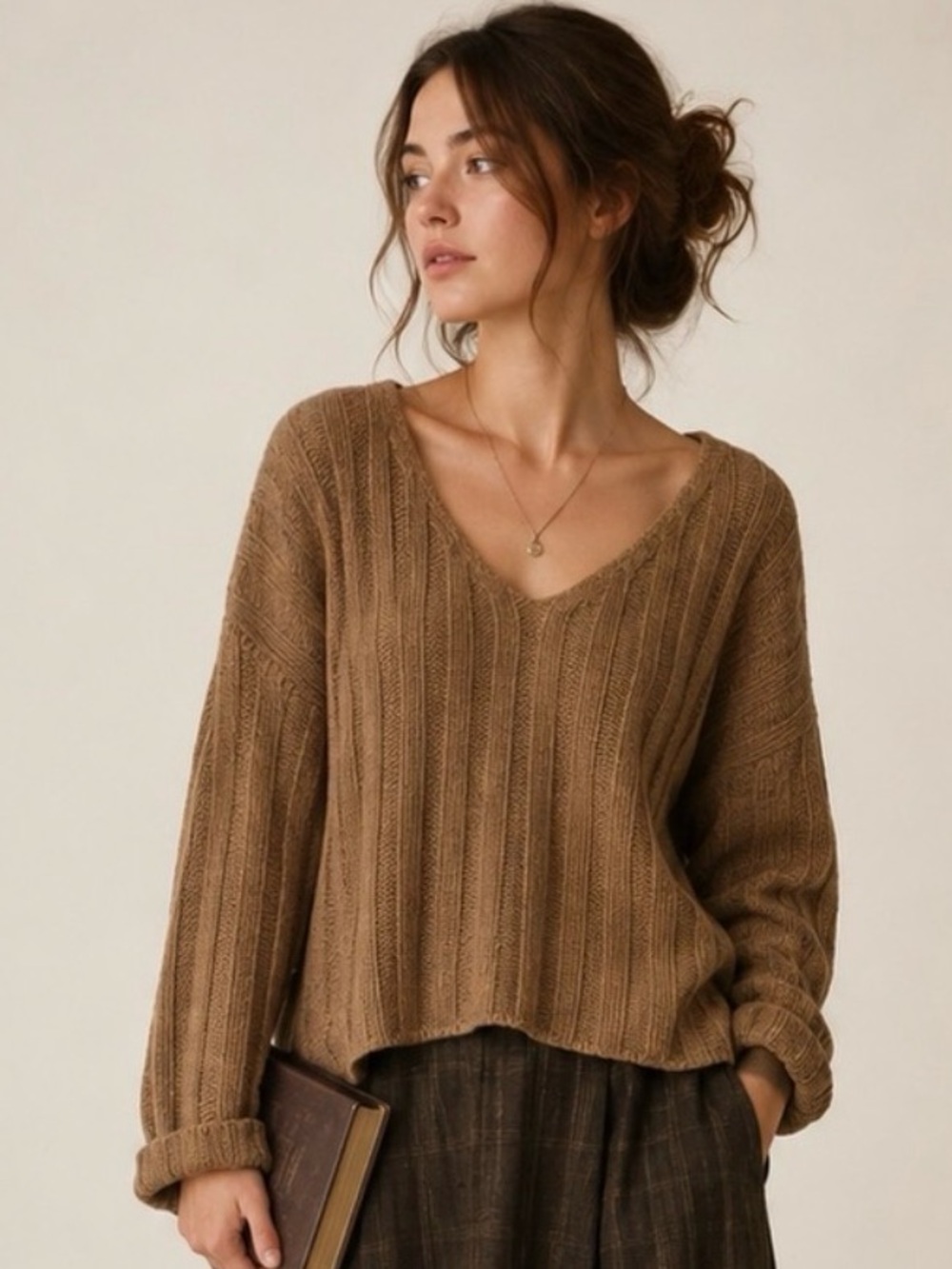 SHE + SKY V-Neck Camel Brown Cottagecore Earthy Oversized Ribbed Sweater Small